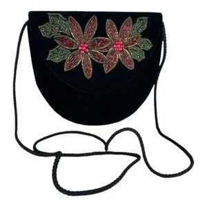 Vintage Black Velvet Beaded Poinsettia Shoulder Bag Y2K Holiday Party Christmas
